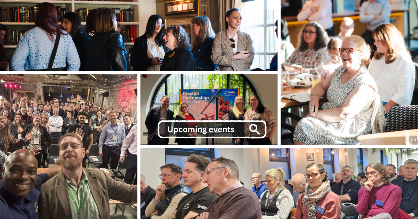 Image is made up of 5 images of professional meetings and events. Image says "Upcoming events" in a search bar