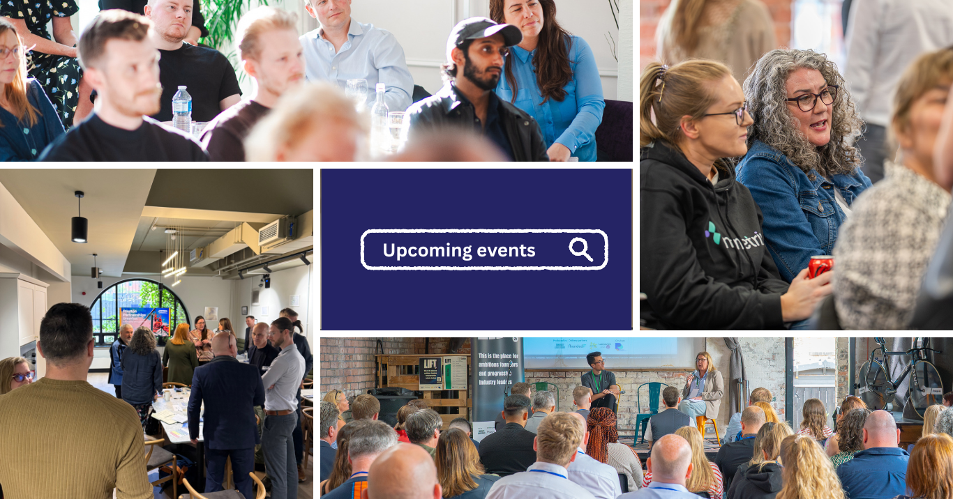 Image contains 4 different images from events. It says "Upcoming Events"